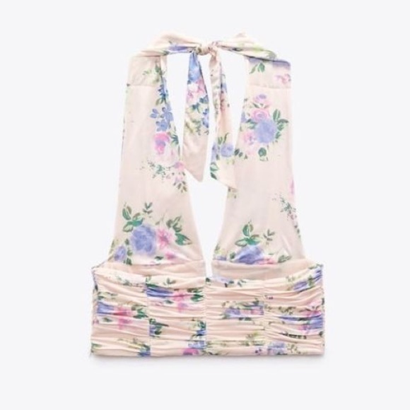 NWT Zara Pale Pink Blue Floral Deep V Cropped Halter Neck Ruched Top sz Small - Picture 6 of 11